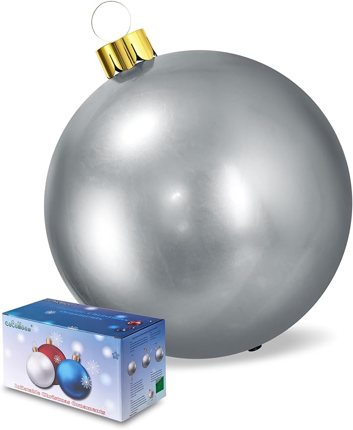 Inflatable Christmas Ornaments, 18" or 25" Oversized Outdoor Christmas Ball Ornaments, Holiday Yard Christmas Tree Decorations, Indoor and Outdoor Decoration Balls (18 inch, Silver)