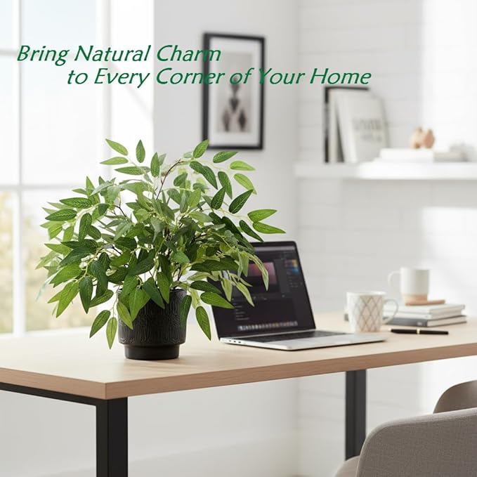 17.7" Tall Fake Plant Green Willow Leaves Artificial Indoor Faux Plant in Textured Black Ceramic Pot Realistic Decorative Plant for Home Office Bathroom Kitchen Bookshelf Small Space
