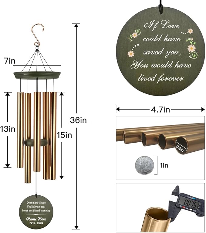 Personalized Wind Chimes Deep Tone, Flower Mourning Wind Chimes, Sympathy Memorial Gifts, in Loving Memory of Dad/Momfor Ourside, Wind Chime for Loss of Loved Ones (Produced in USA)
