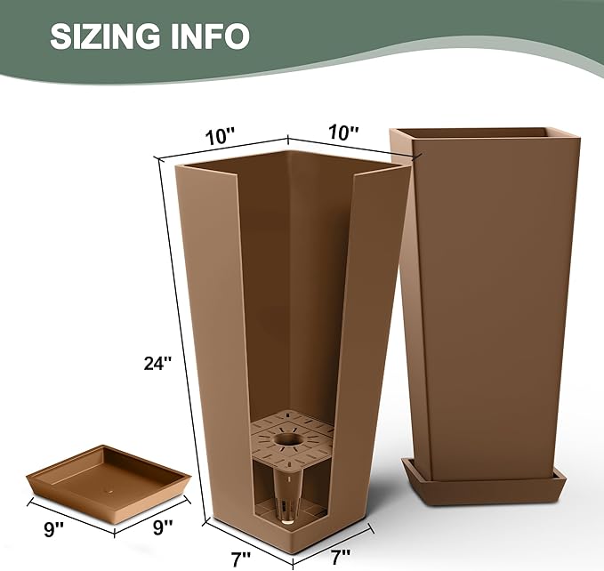 Set of 2 Large Planters for Outdoor Plants 24" Tall Tapered Modern Flower Pots with Drainage Tray for Garden, Patio, Porch (Brown)