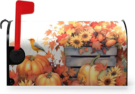 Fall Mailbox Covers Magnetic Large Size Autumn Bird Mailbox Cover Maple Leaf Thanksgiving Pumpkin Mail Box Post Cover Waterproof Sunflower Thankful Decor for Garden Yard 25.5 X 21 Inch