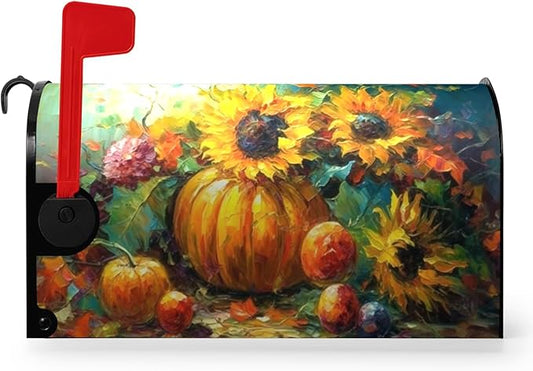 Fall Thanksgiving Magnetic Mailbox Cover Harvest Pumpkin Mailbox Wraps Waterproof Daisy Floral Mailbox Post Letter Box Covers Oversize Large Size 25.5 X 21 Inches for Home Garden Yard Outside