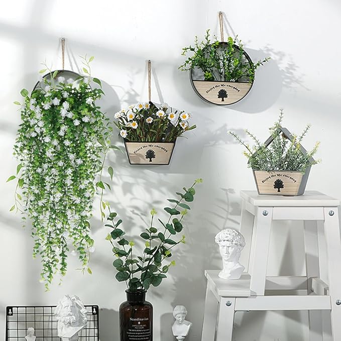 WEISPARK Artificial Hanging Flowers, 4pcs Fake Eucalyptus Vine Faux Flower Greenery Garland Plastic Plants for Indoor Outdoor Wall Garden Wedding Home Party Decor (White)