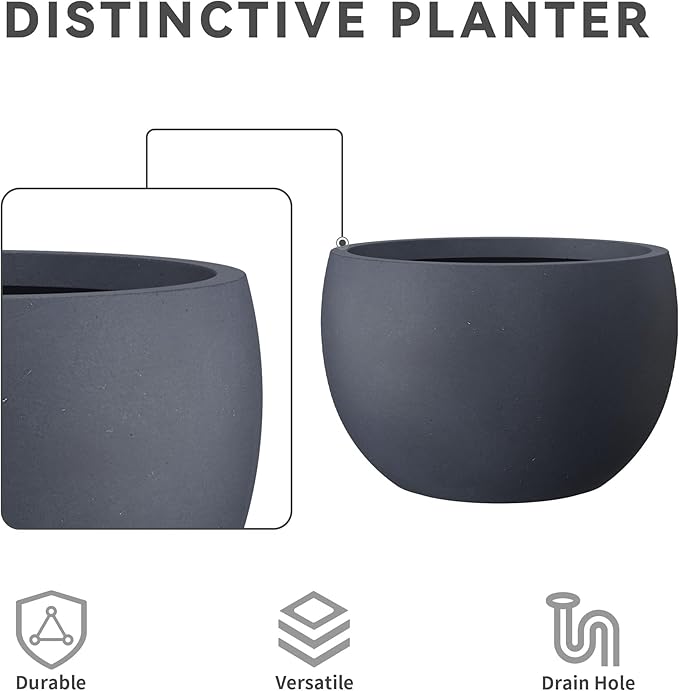 Kante 19.9" Dia Round Concrete Planter, Outdoor/Indoor Large Bowl Plant Pots with Drainage Hole and Rubber Plug for Garden Patio Balcony Home, Dark Gray
