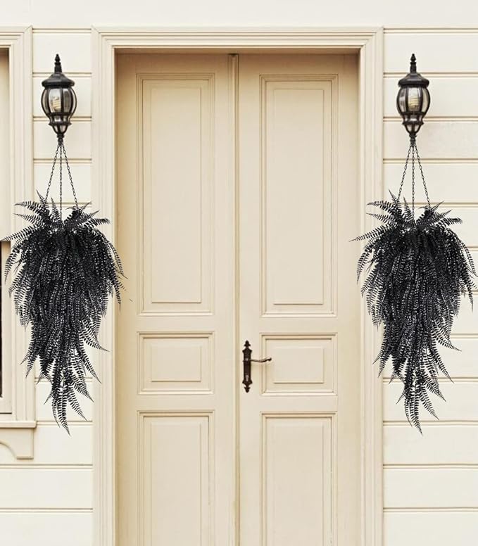 RECUTMS Faux Hanging Plants 4 Pcs UV Resistant Lifelike Artificial Boston Fern Large Draping Fake Greenery Plastic Evergreen Ivy for Wall Home Wedding Garden Indoor Outdoor Decoration (Black)
