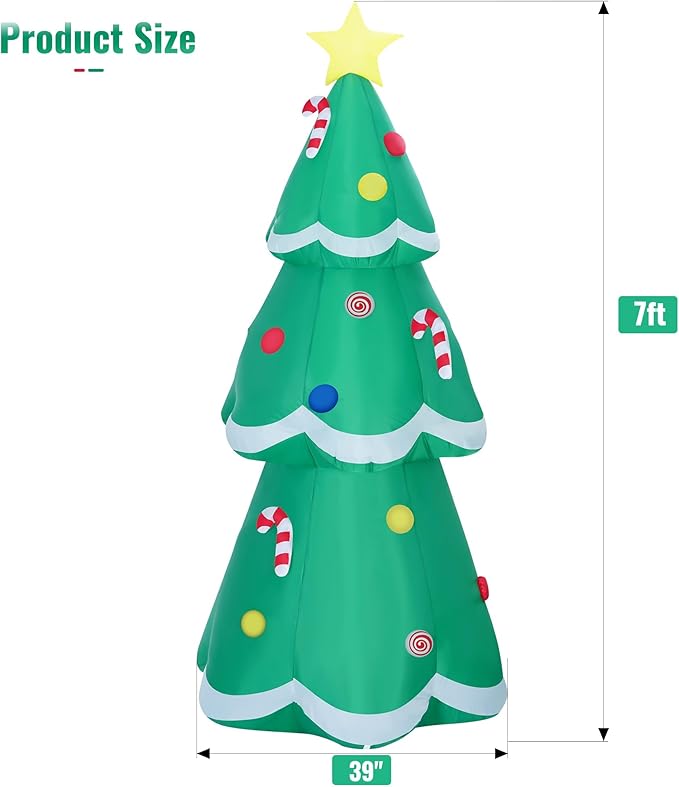 7 FT Christmas Tree Inflatable with LED Lights, Quick Setup, Sturdy Outdoor Holiday Decoration, Includes Sandbags, Stakes, Ropes, Perfect for Yard, Lawn, Garden