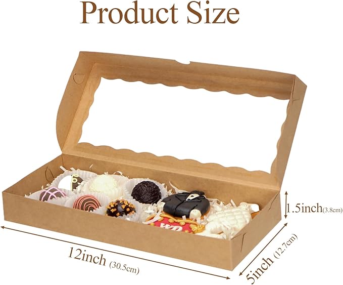 24pcs 12x5x1.5 Inch Borwn Cookies Boxes. with Window Bakery Boxes Macaron Boxes Chocolate Truffle Boxes Donut Treat Boxes Cakesickle Boxes for Christmas Valentine's Easter Mother's Day