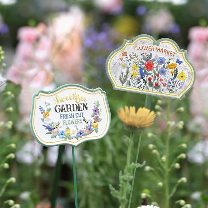 All Chic 3 Pack Metal Bee Garden Stake Decor Embossed Bee Hanging Sign Garden Art Yard Stakes for Decorations Lawn Ornaments Decor(Includes Hanging Chain and Stakes)