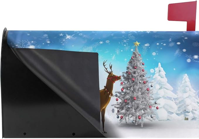 WOOR Christmas Tree and Reindeer Magnetic Mailbox Cover Oversized for Garden Yard Outdoor Decorations-25.5" x20.8