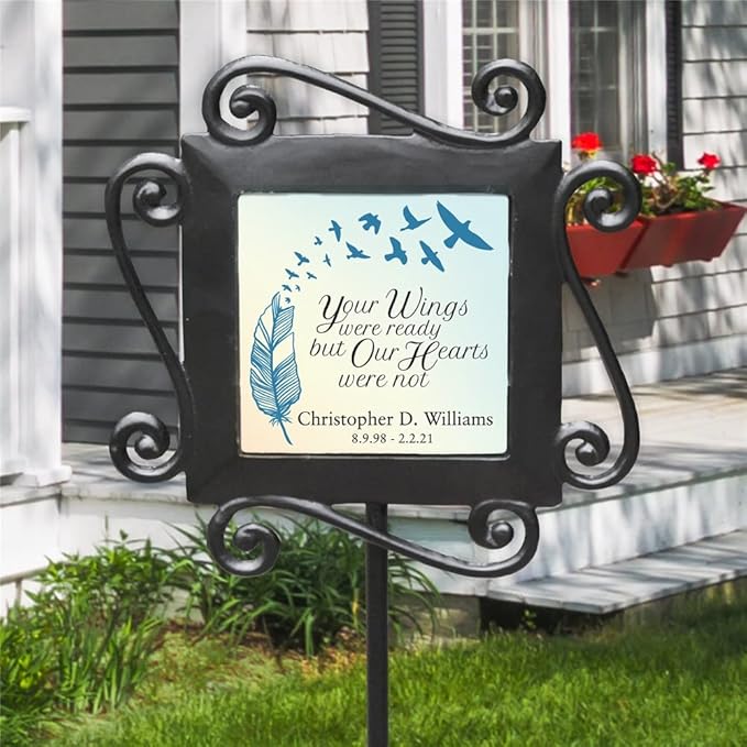 GiftsForYouNow Wrought Iron Personalized Memorial Garden Stake with Custom Text, 28 x 8.5 Inches, Temporary Grave Marker, Cemetery Memorial Plaque for Loss of Loved One Wings were Ready