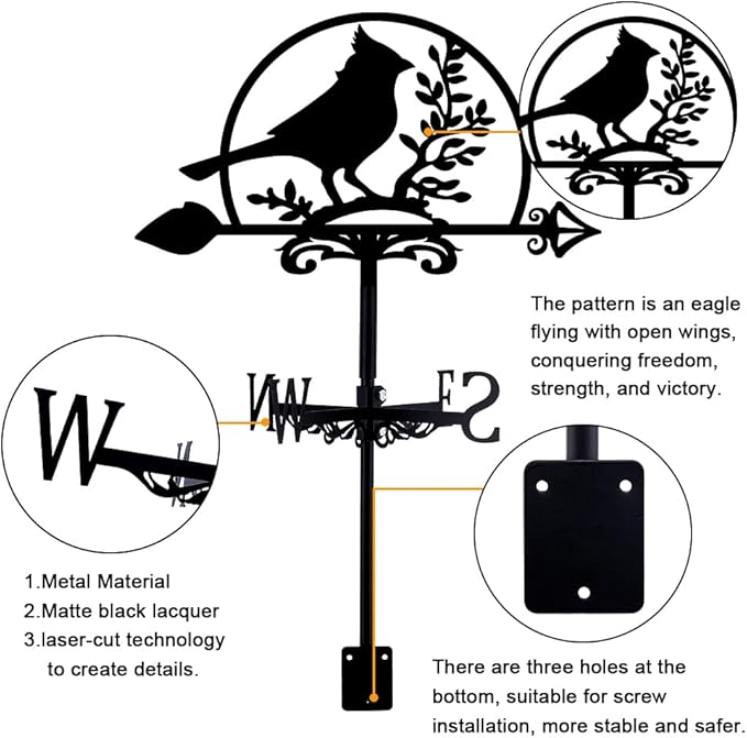 SUPERDANT Northern Cardinal Weathervane Wrought Iron Wind Vane Bird Animal Metal Weather Vane Roof Garden Direction Sign Weathercock Outdoor Farmhouse Decoration Garden Wind Measuring Tool