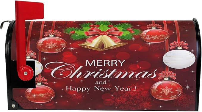 ALAZA Christmas Happy New Year Magnetic Mailbox Cover with Christmas Bells and Holly Berries Red MailWraps Garden Yard Home Decor for Outside Standard Size-18"x 20.8"