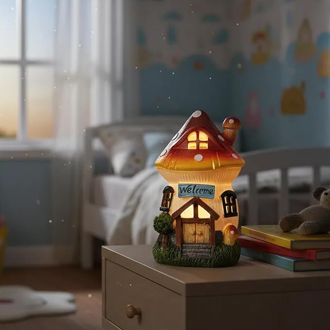 Garden Outdoor Figurines Statue with Solar Lights,Solar Mushroom House Decorations for Yard Outdoor Garden, Patio Yard Lawn, Gifts for Girls Birthday Housewarming Mother's Day (Mushroom House)