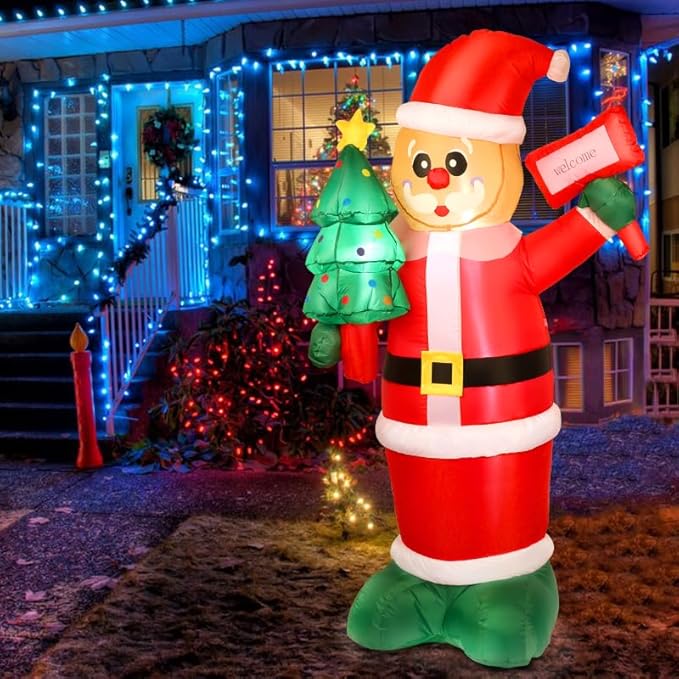 6Ft Christmas Inflatables Santa Gingerbread with LED Lights & Gift Box, Giant Christmas Inflatables Yard Decorations, Xmas Blow Up Santa Claus, Indoor/Outdoor Christmas Decor for Holiday Patio Garden