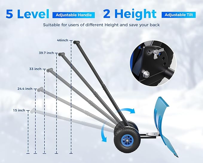 Garvee 29" Snow Pusher Shovel with Wheels,Heavy Duty Steel Snow Shovel with Wheels,Angled Blade Efficient Snow Removal With5-Position Angled Blade & Adjustable Handle for Doorway, Sidewalk, Blue