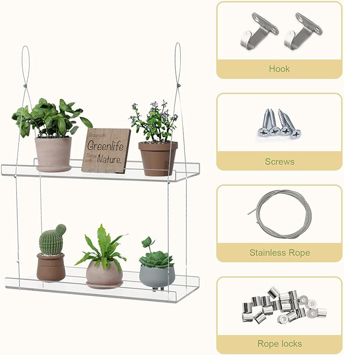 2-Tier Acrylic Window Plant Shelf, 16 Inch Wide Adjustable Hanging Shelf for Succulents, Seed Starters, Herbs, Microgreens