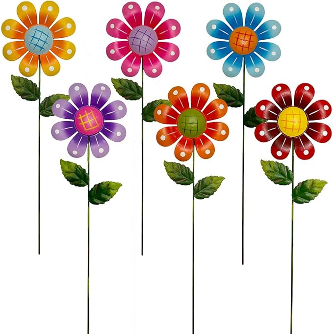 Metal Garden Flower Stakes, 16.5 Inch Decorative Outdoor Stakes with Colorful Flower Heads, 6 Pack Garden Yard Art Decor