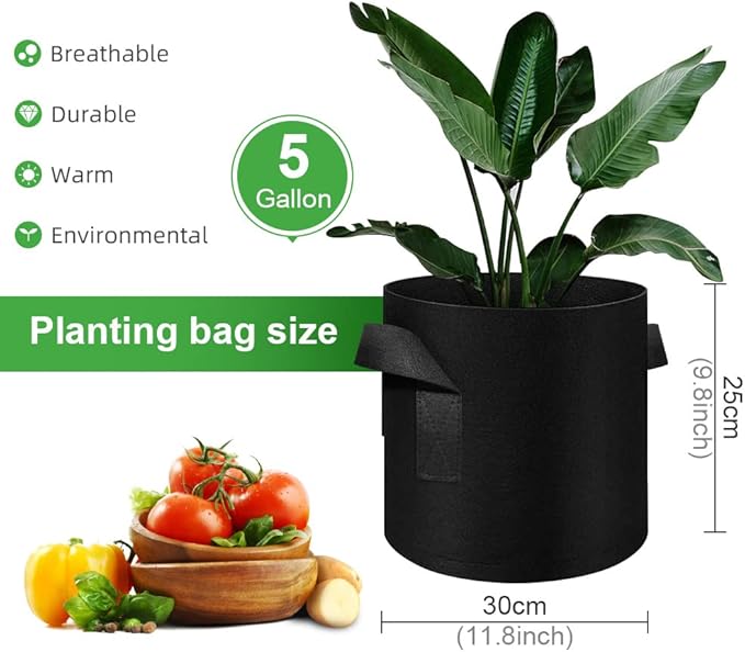 5 Pack 5 Gallon Grow Bags, Heavy Duty Thickened Nonwoven Fabric Pots with Handles, Planter Grow Bags for Vegetables/Flower/Plant/Fruits, Black