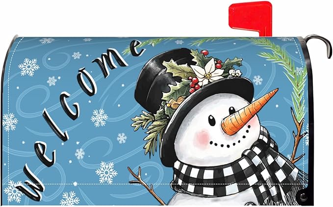 Winter Mailbox Covers Magnetic Standard Size Welcome Christmas Snowman Buffalo Plaid Blue Mailbox Wraps Seasonal Outdoor Decorative Letter Box Cases for Home Garden Outside Decor, 21x18 Inch