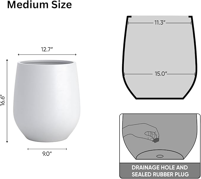 DTY Signature Mount Wilson Lightweight and Durable Modern Fiberstone Tapered Planter for Indoor Outdoor Drainage Hole & Rubber Plug Weather Resistant, 16.7" H x 15" Dia, 11.7" Opening - Medium, White