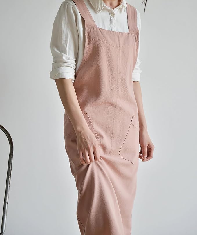 Cotton Linen Apron Cross Back Japanese Smock for Women Cooking With Pockets Pinafore Dress Kitchen Baking Gardening