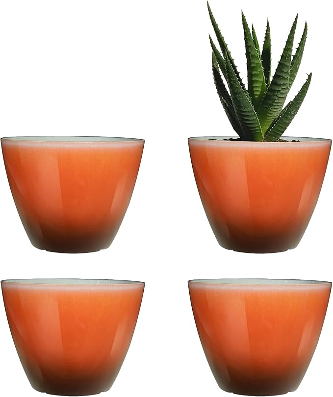 Plant Pots for Indoor Outdoor Plants, Pack of 4 Plastic Flower Pots with Drainage Holes and Saucers, 8 Inch Glazed Planters for Indoor Plants Office Home Decor (Orange, 4pcs)