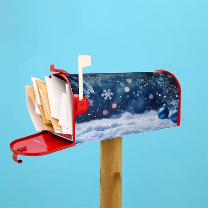 Festive Magnetic Mailbox Cover Winter Christmas Blue Ball Pattern Outdoor Mailbox Protector Holiday Seasonal Decorative Garden Yard Home Standard Size 21 x 18 Inch