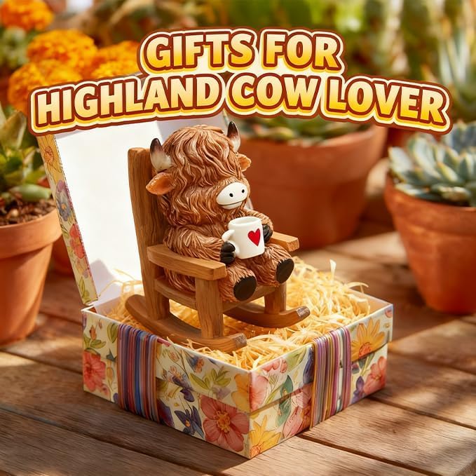 Light Up Highland Cow Figurines Garden Decor, Solar Powered Resin Scottish Highland Cow Sitting on Chair Statue, Cute Centerpiece Figurine Decoration for Garden Patio Gifts