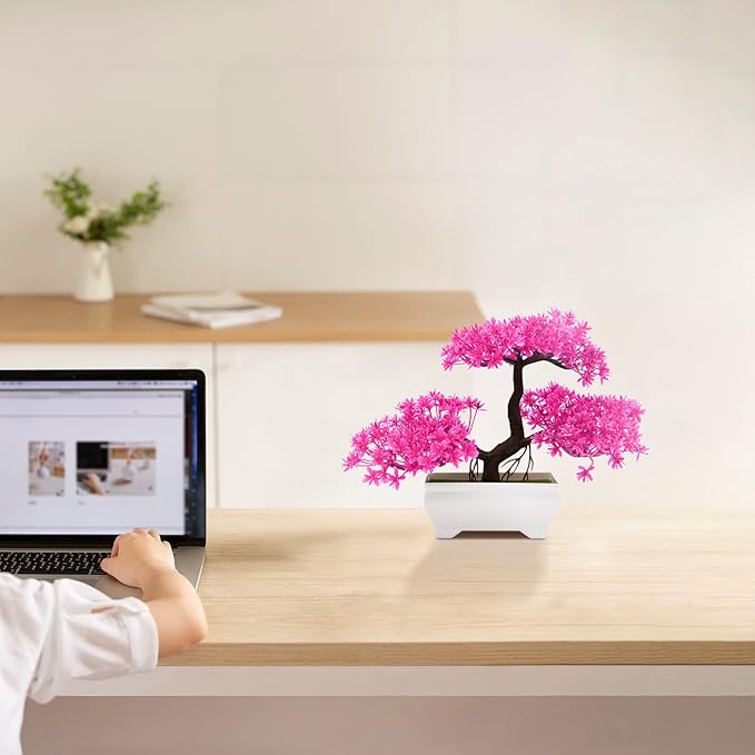 Mini Artificial Bonsai Tree Plants with Plastic Cement Pots for Home Office Décor(Pink)