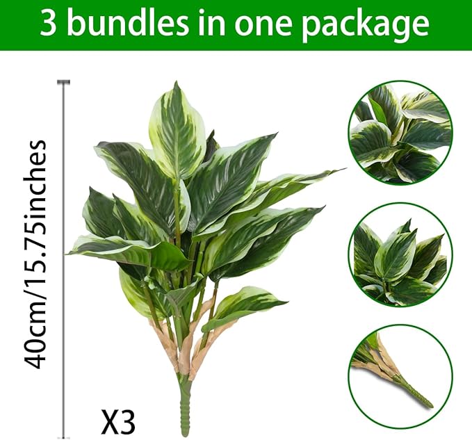 3PCS Artificial Tropical Green Plants – 19.6" Fake Hostas Outdoor Artificial Plants, UV Resistant, Faux Green Leaf Stems for Porch, Patio, Balcony, Garden Planter or Indoor Décor