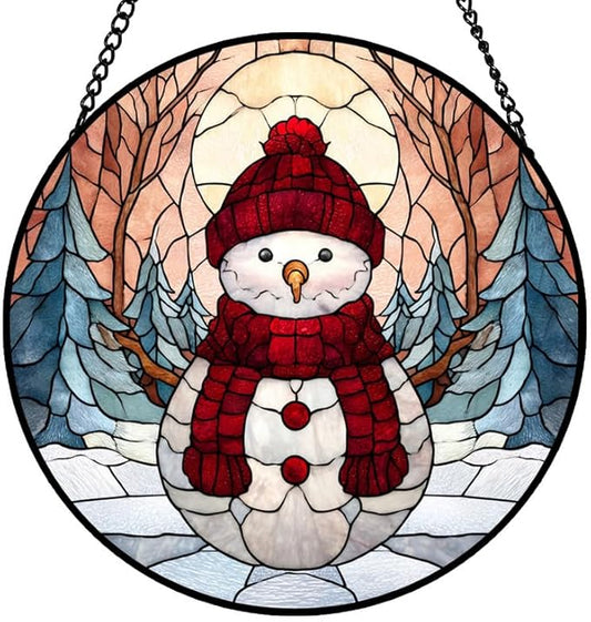 Stained Glass Window Hanging – 6.3 in Snowman Panel with Chain， Bathroom Front Door Living Room Garden Winter Holiday Decor for Mom Wife Lovers