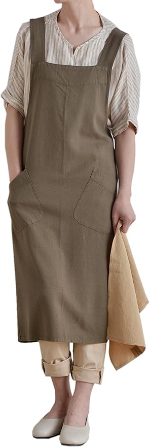 Cotton Linen Apron Cross Back Japanese Smock for Women Cooking With Pockets Pinafore Dress Kitchen Baking Gardening