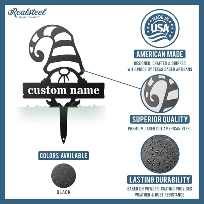 RealSteel Customizable Gnome Seed & Plant Markers – Durable Metal Garden Stakes for Herbs, Fruits & Vegetables – Weatherproof Tags for Farmhouse & Greenhouse Décor (Type 4, Large)
