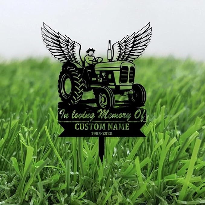 Custom Farmer Tractor Memorial Stake – Personalized Metal Farm Memorial, Tractor Grave Marker, Sympathy Sign, Garden Stake Decor (Farmer Memorial)