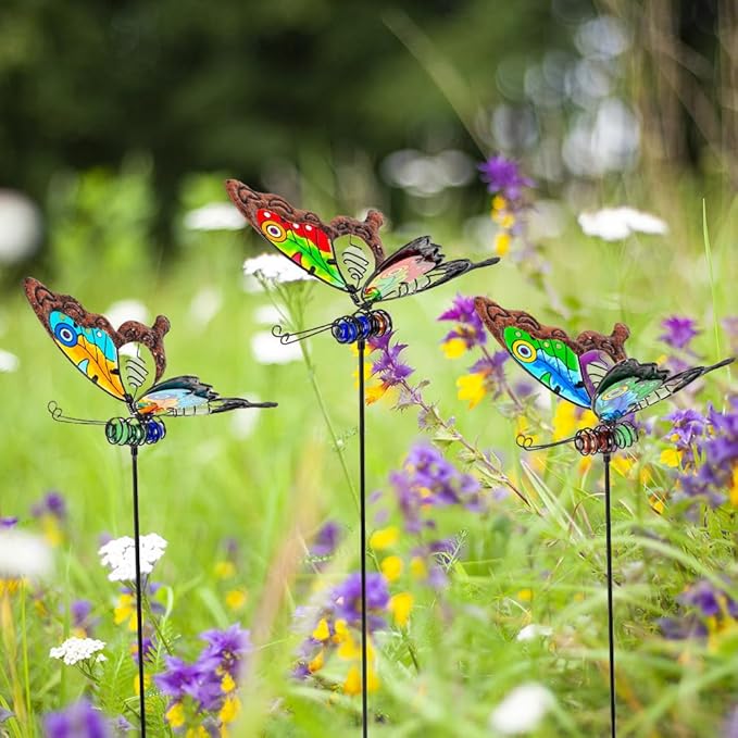 Butterfly Garden Decor for Outside,3 Pack Garden Stakes Decorative Stained Glass Butterfly Decoration Porch Yard Art Outdoor and Garden