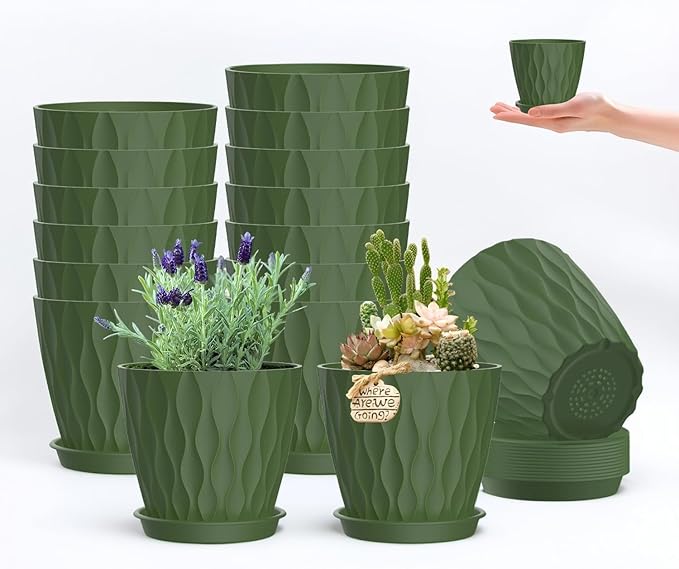 16 Pack 4 Inch Plastic Planter Pots with Tray, Heavy Duty Indoor Outdoor Planter Pots with 48 Drainage Holes for Herbs, Succulents, Seedlings, Flowers Durable and Lightweight Army Green