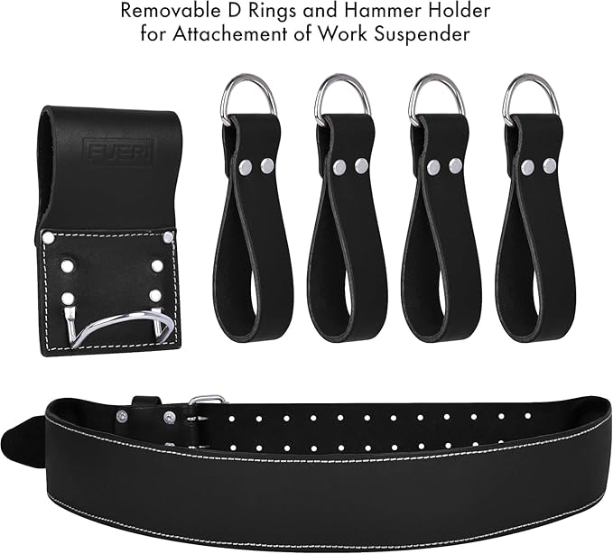 FUERI Leather Tool Belt 17 Pocket Pouches Bags Men Suspenders Holder Organizer for Carpenter Construction Electrician - Black