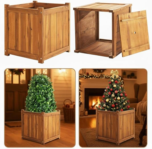 Idzo Set of 2 Hardwood Outdoor Flower Box, Durable Acacia Wood Flower Boxes for Outdoor Plants with Ergonomic Handles, Drainage Holes, Multiple Sizes Wood Bucket Planter for Home Décor