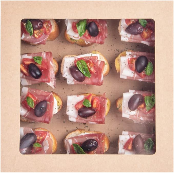 Restaurantware Cater Tek 9 x 9 x 2.4 Inch Catering Boxes 10 Insert Tab Lock Baked Goods Boxes - Window Lids Easy Assembly Kraft Paper Window Pastry Boxes For Charcuterie Or Cupcakes