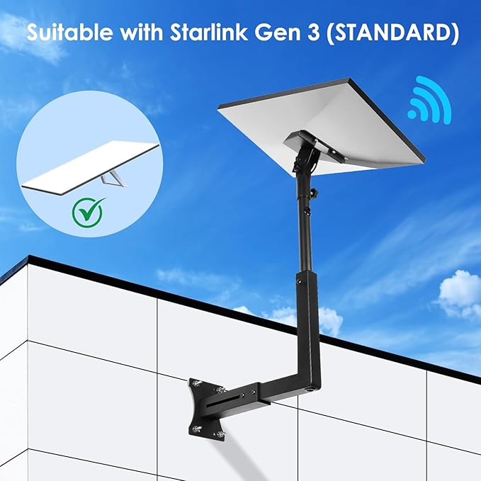 Starlink Mount, Adjustable Starlink Wall Mount Gen 3 with Telescoping Support Arm, Stainless Steel, Rustproof, Weatherproof for Concrete Walls and Wood Walls, Easy Installation Black