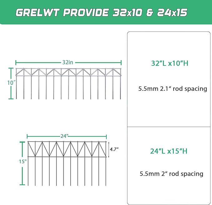 10 Pack 32" L x 10" H Animal Barrier Fence, No Dig Fence Patented Product, 5.5mm Galvanized Stakes with 2.1" Spacing, Anti Digging for Dogs Outdoor Yard Patio, Total 26.6Ft(L) X 10in(H) Silver