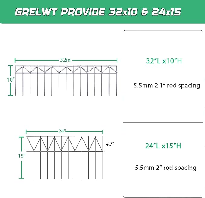 15 Pack 32" L x 10" H Animal Barrier Fence, No Dig Fence Patented Product, 5.5mm Galvanized Stakes with 2.1" Spacing, Anti Digging for Dogs Outdoor Yard Patio, Total 40Ft(L) X 10in(H) Silver