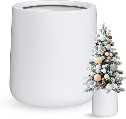 13" H x 12.6" D Conico Fiberstone Round Planter - Christmas Tree Planter, Smooth Finishes, Weather Resistant for Indoor and Outdoor Use, Included 2 Extra Coco Mats (White, 10" Pot Opening)