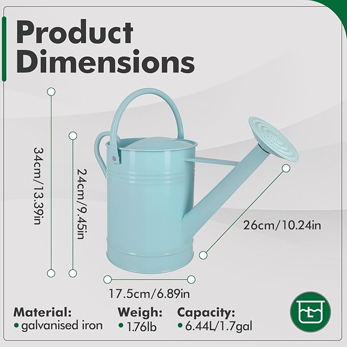 Galvanized Iron Watering Can for Indoor Plants, DIY Watering Cans for House Plant Garden Flower, Long Spout Water Can for Outdoor Watering Plants 6.44L 1.7 Gallon (Blue)