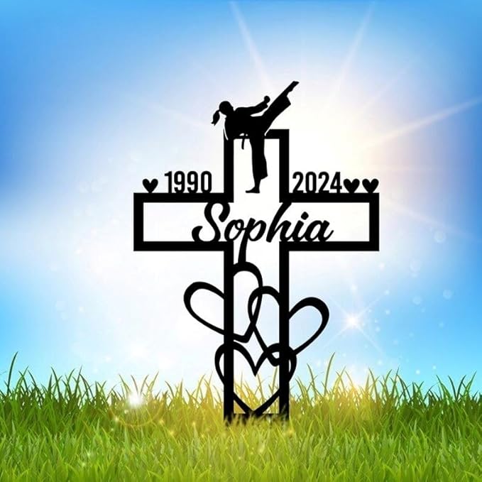 Personalized Karate Memorial Metal Stake – Custom Martial Arts Grave Marker, Sympathy Sign, Outdoor Garden Decor (Female Karate Memorial)