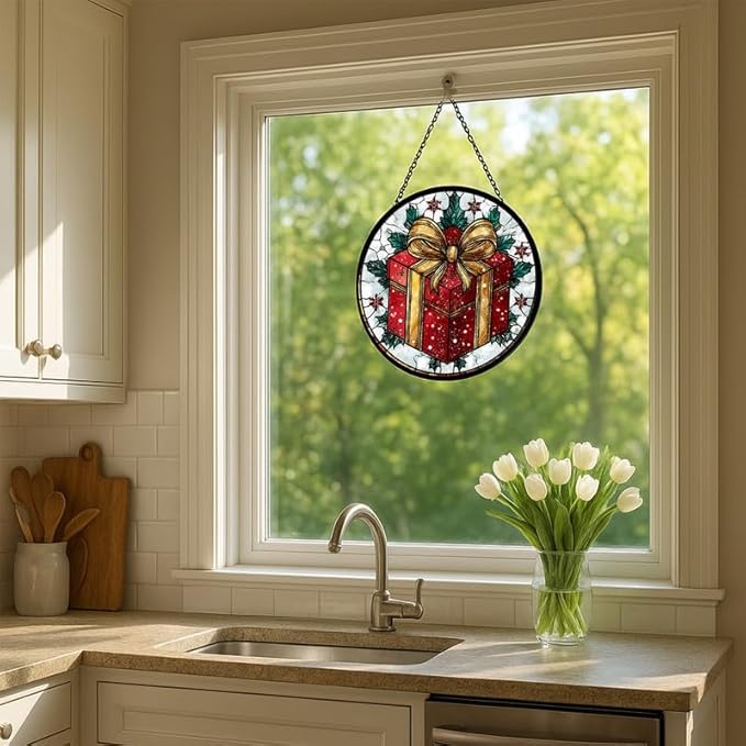 Stained Glass Window Hanging – 9.8 in Box Panel with Chain， Bathroom Front Door Living Room Garden Decor， Holiday Present Gift for Mom Wife Lovers