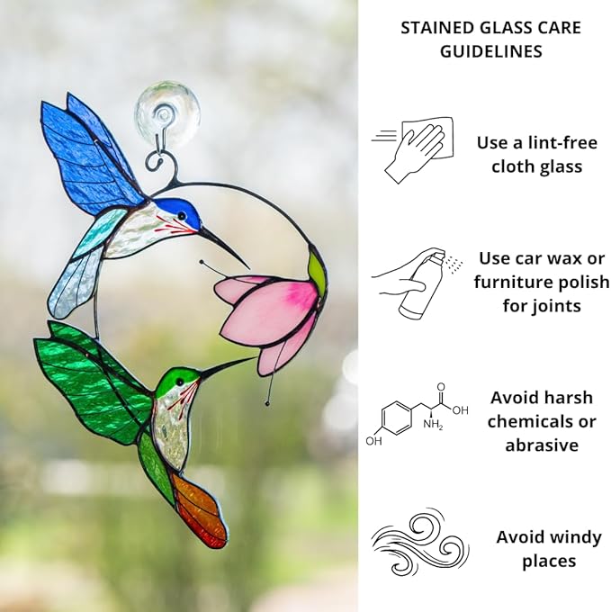 Hummingbird Cardinal Birds Stained Glass Suncatcher Genuine Stained Glass Window Hangings Unique Indoor Ornament & Outdoor Decor (Pair Flying Hums)