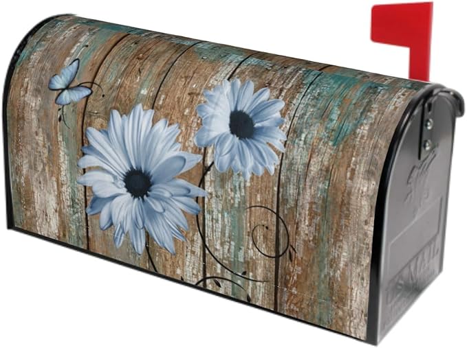 Rustic Daisy Board Mailbox Cover Magnetic, Blue Sunflowers Vintage Wood Grain Plank Mailbox Wrap Letter Post Box Cover for Yard Garden Outside Home Decor, Large Size 25.5x21 Inch
