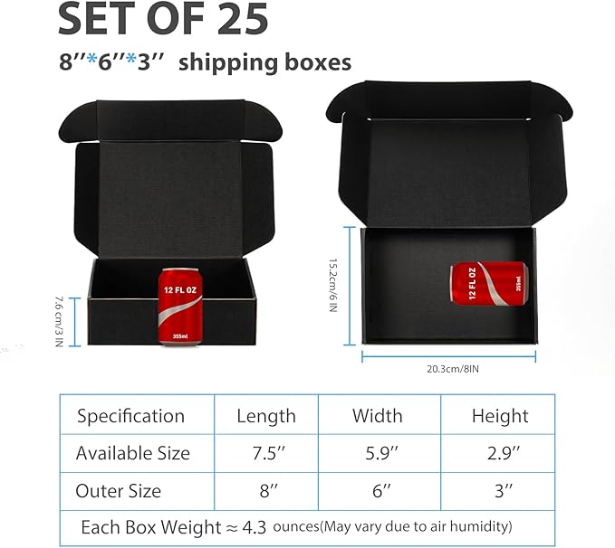 Small Shipping Boxes 8x6x3 Inch (25 Pack) - Sturdy Black Corrugated Cardboard Boxes for Small Business, Ecommerce, Mailing & Packaging | Recyclable Gift & Storage Boxes