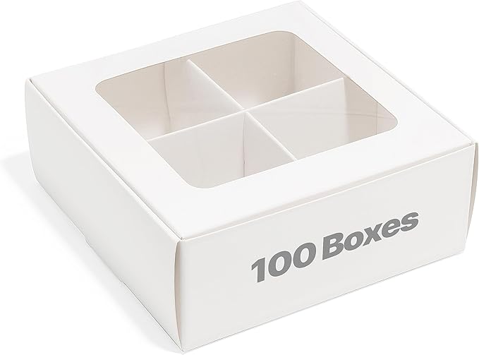 100 pcs White Mini Cookie Boxes for 4 treats with Window and Dividers, Bakery Boxes, 6 x 6 x 2.4 Inches SMALL Baking Boxes, Square Cookies Box Decorating Supplies for Gift Giving